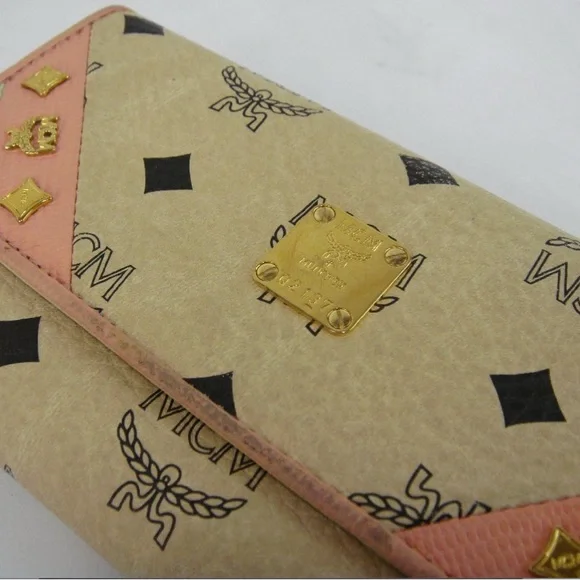 Authentic MCM Trifold Wallet Beige x Pink - Picture 3 of 8